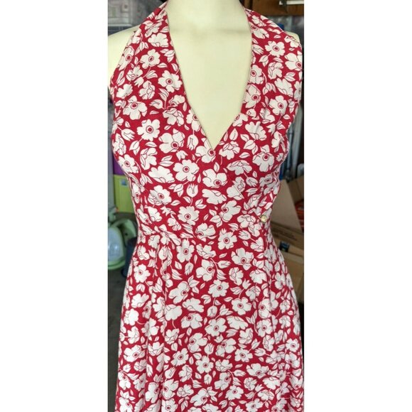 Laura Ashley Red Floral Halter Dress Vtg Sz 8 Cottage Core Garden Tea Party - Picture 3 of 16